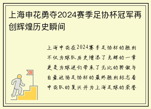 上海申花勇夺2024赛季足协杯冠军再创辉煌历史瞬间