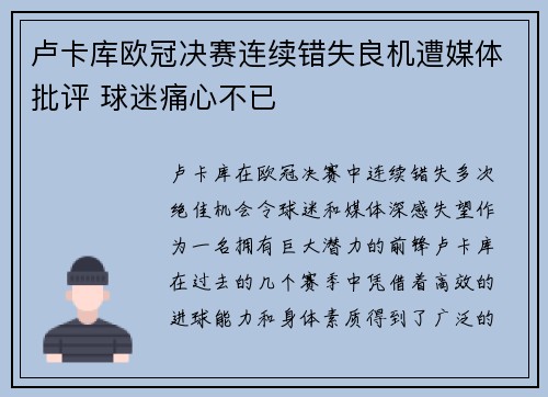 卢卡库欧冠决赛连续错失良机遭媒体批评 球迷痛心不已